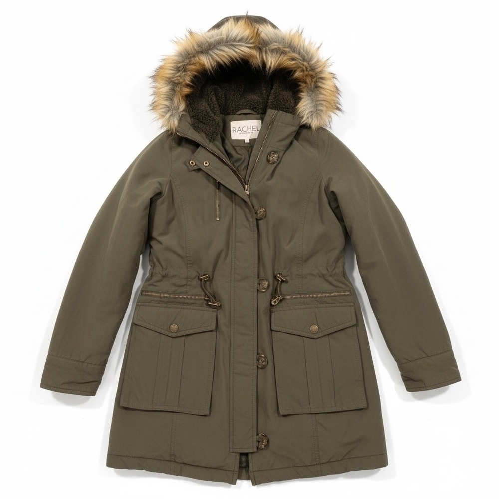 Rachel Rachel Roy Womens Olive Green Faux Fur Hooded Parka Jacket XS